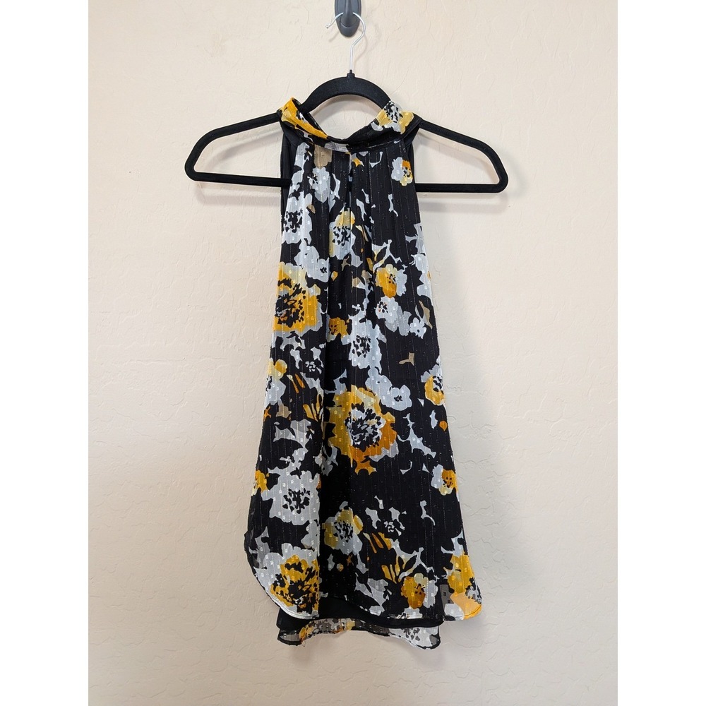 White House Black Market Floral Halter Neck Blouse Top Gold White Black Size 6